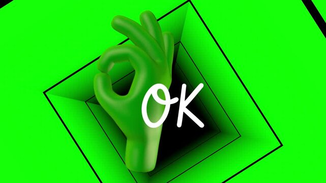 Hand gesture showing the okay sign is rendered in a bright green color on a matching background to symbolize complete success and total satisfaction with a high quality digital graphic design project.