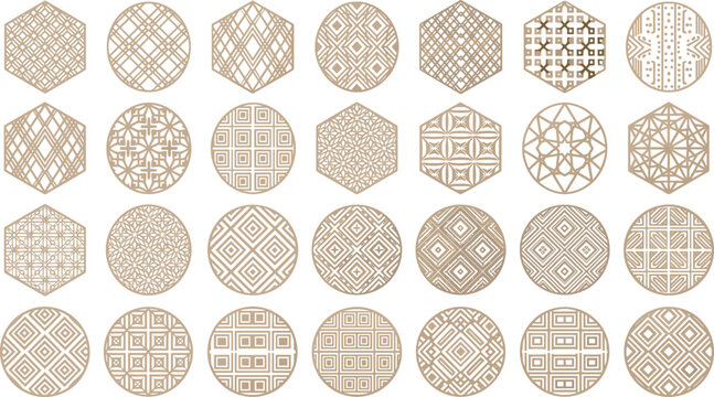 Traditional Asian Geometric Pattern Circle and Hexagon Lattice Coaster Set Vector Elements for Laser Cutting Decorative Wooden Panels and Oriental Interior Ornament Designs