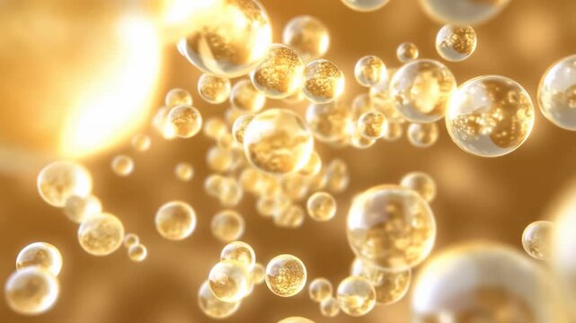Translucent Spheres In Warm Amber Light. Macro View Showcasing Radiant Hydration And Glossy Spheres