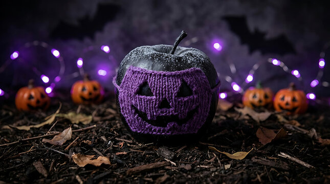 Mysterious dark cursed fruit showcasing a knitted lilac yarn disguise perched on damp earth, positioned against an eerie plum background for a gothic October holiday and haunting aesthetic.