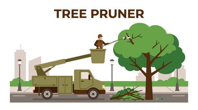 A professional tree pruner working from a bucket truck to trim tree branches.