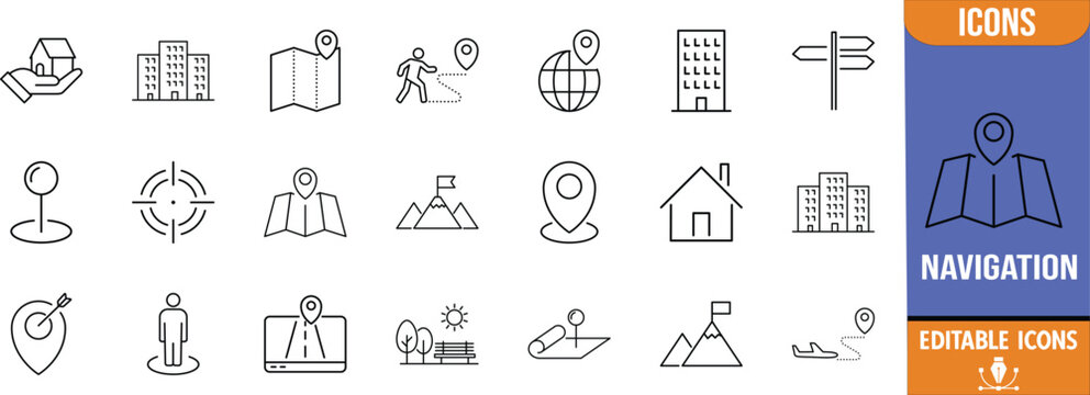 Location map navigation pin icons. pin icon set, map icon set, building icon set