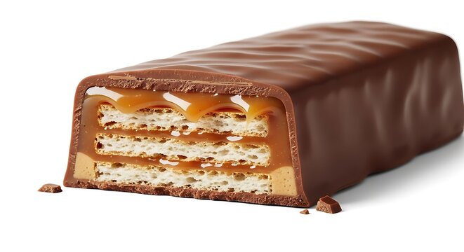 Chocolate Wafer Bar with Caramel Filling on White Background