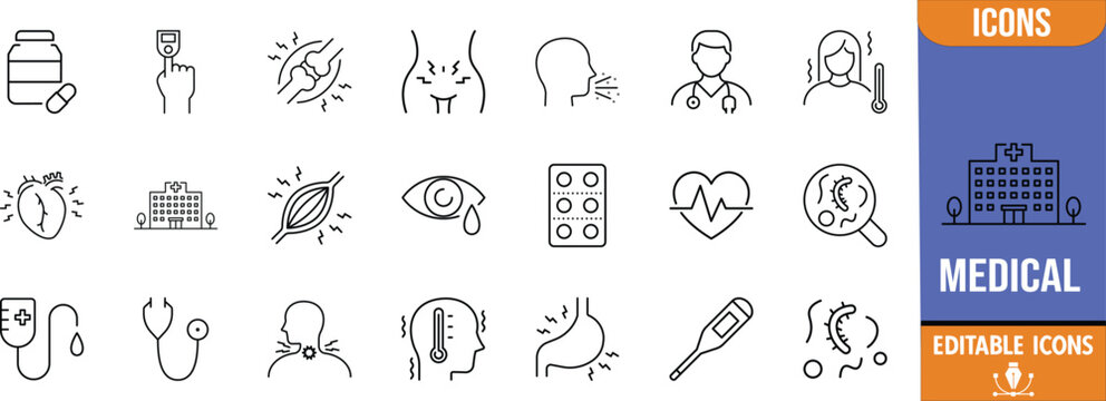 Medical health conditions symptoms vector icons. pill icon set, stethoscope icon set, thermometer icon set