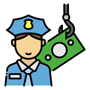 Police officer character accepting cash kickbacks icon