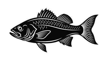 Fototapeta premium Detailed black and white graphic illustration of a swimming fish facing towards the left side