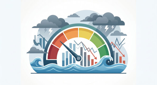 Climate risk rating gauge under storm clouds, representing pressure on credit scores from extreme weather and environmental threats.
