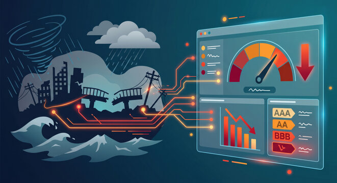 Climate disaster impact dashboard showing storm damage, flooded city and deteriorating credit ratings from environmental shocks.