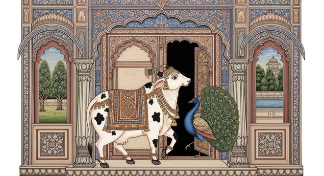 Traditional Indian Miniature Painting of a Sacred Cow and Peacock at Palace Entrance.