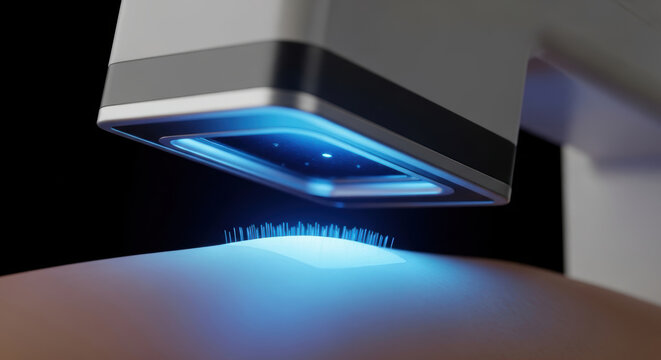 Personalized medicine ai wearable device skin treatment patch emitting blue light therapy on human body in medical technology scene