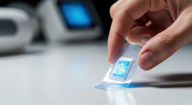 Personalized medicine ai wearable patch delivering drug dose with microchip sensor on fingertip modern medical technology