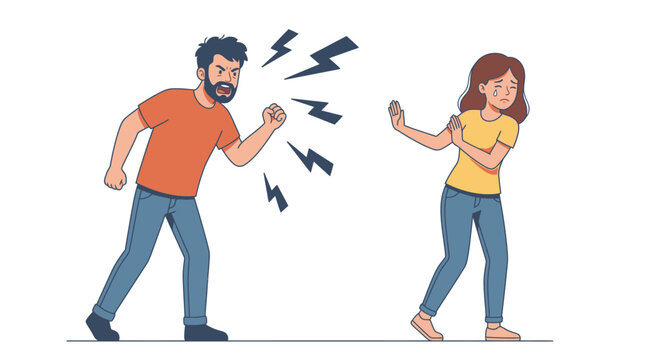 Angry man shouting at a sad woman who is gesturing to stop the aggressive verbal behavior