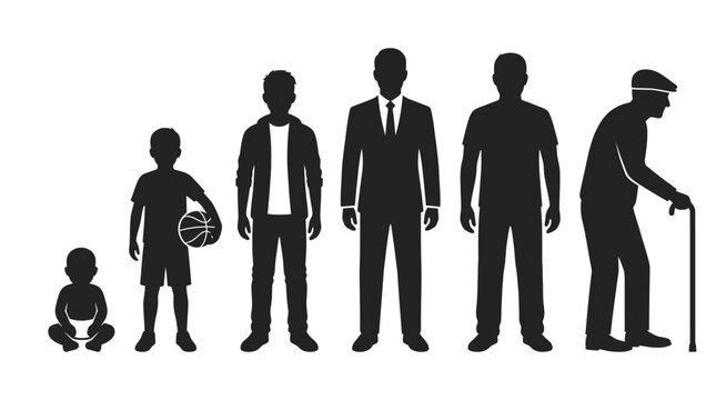 Silhouette illustration showing the human life cycle stages from a baby to an elderly man