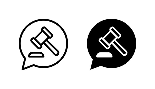 Justice Gavel Icons, Legal Auction Symbols, Law Judgment Speech Bubbles, Court Decision Communication Graphics, Black and White Vector Set