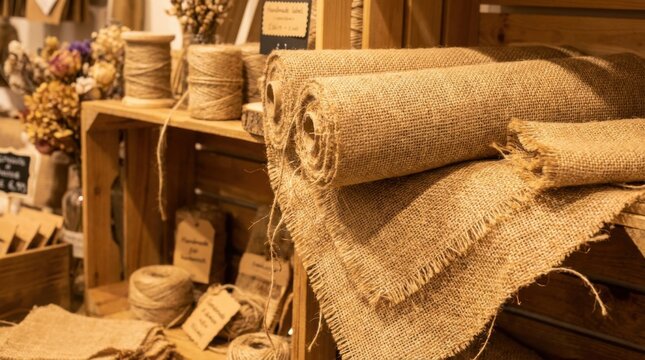 Close-up of rolls of textured burlap fabric and twine spools on wooden shelves in a rustic craft shop, featuring coarse woven jute material with visible threads and frayed edges.