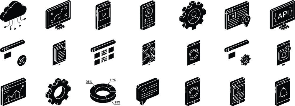 Isometric Software Development Vector Icon Set, Black Glyph IT Tech Symbols