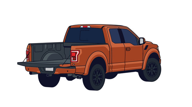 Orange pickup truck with an open tailgate shown in this detailed digital illustration of transport