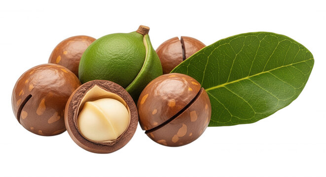 Group of whole and cracked macadamia nuts with a green husk and a single fresh leaf isolated on a black background