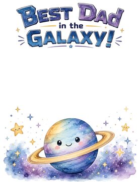 Best Dad in the Galaxy Father's Day craft template with watercolor planet Saturn. Cute outer space theme handprint keepsake card layout for toddler kids DIY school activity.