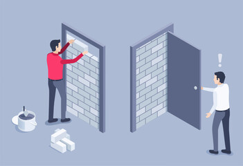 isometric vector image on a gray background, a man stands in front of an open door behind which a brick wall, closed access © dimon_ua
