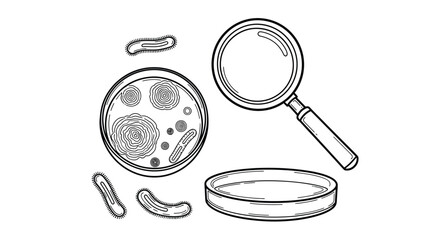 Microbiology illustration petri dish bacteria and magnifying glass line art © JBO_STUDIO