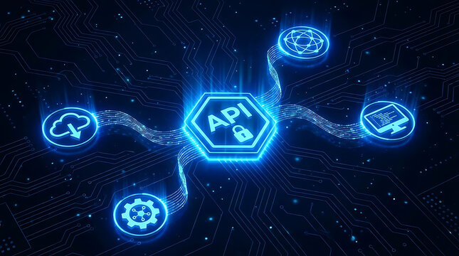Advanced Digital API integration concept showcasing glowing blue neon icons with connected symbols representing cloud computing gear and network systems on dark background for technology data flow