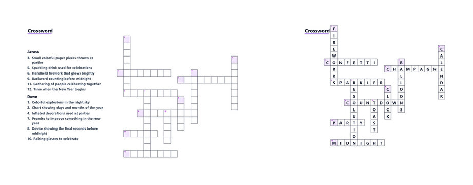New Year Crossword puzzle grid with clues and answer key layout