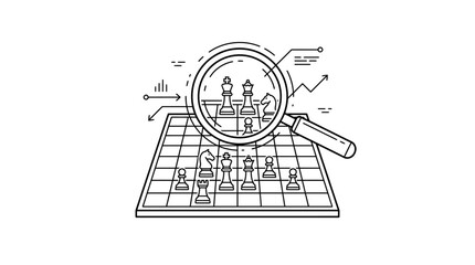 A line art illustration of a magnifying glass examining a chess board with pieces. © Dzaki_Mahir