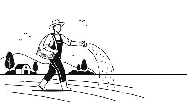 A line art illustration of a farmer sowing seeds in a field.
