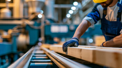 Fototapeta premium Worker operating machinery on an active sawmill production floor, timber cutting and wood processing concept, industrial sawmill operation, faceless, figure and equipment only