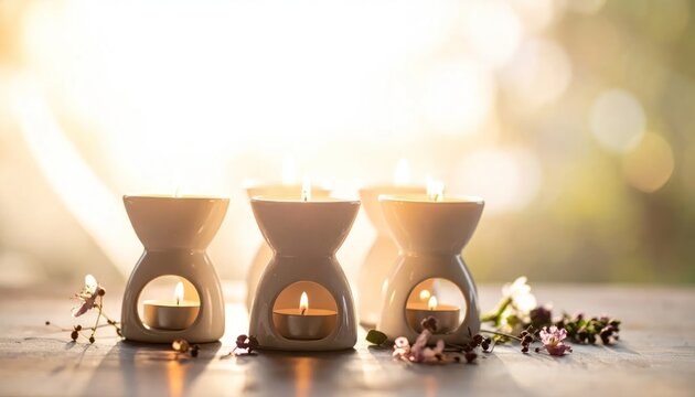 Three Ceramic Oil Burners with Lit Candles and Dried Flowers.