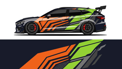 Fototapeta premium Vibrant race car with bold orange, green and black livery in dynamic side profile.