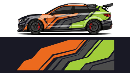 Naklejka premium Sleek race car in bold orange and lime green livery shown in side profile view.