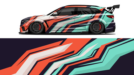 Fototapeta premium Colorful geometric graphic race car with dynamic angular livery and sleek design.