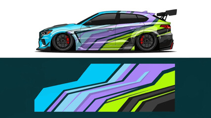 Fototapeta premium Vibrant geometric race car wrap design with bold colors and dynamic lines.