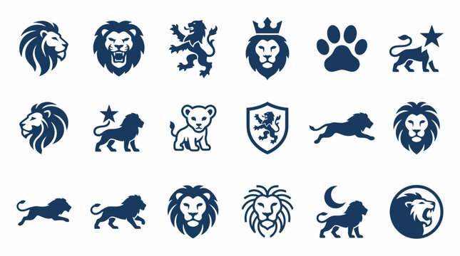 A collection of various lion icons and symbols are displayed.
