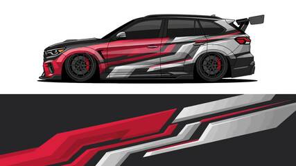 Obraz premium High-Performance Red and Black Racing Car with Sleek Livery and Aerodynamic Graphics.