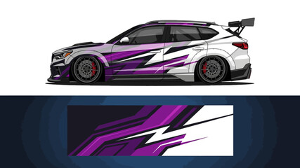 Naklejka premium Sleek purple race car with bold white graphics and high performance design on a race track.
