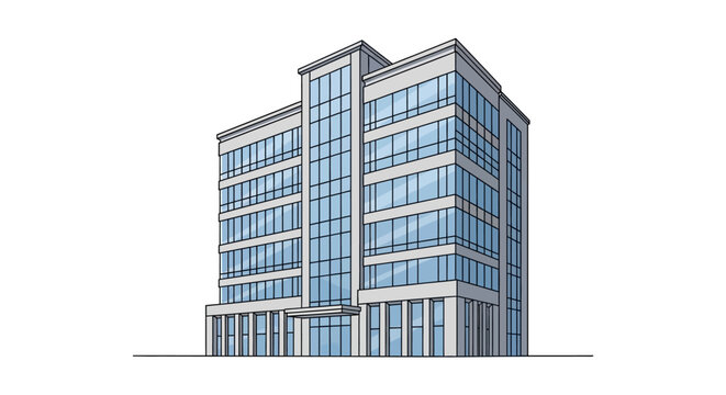 A sleek illustration of a modern glass office building stands tall in the cityscape.
