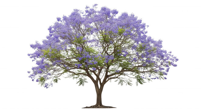 A full-grown jacaranda tree with a wide canopy covered in vibrant purple blossoms and green leaves, isolated against a solid black background
