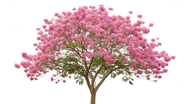 A full-grown tabebuia rosea tree with dense clusters of vibrant pink trumpet-shaped flowers isolated against a solid black background