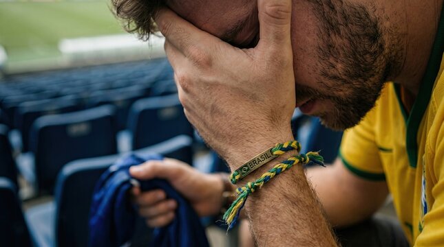 Brazilian soccer fan with brasil bracelet looking dejected