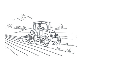 A detailed black and white line art illustration of a modern farm tractor working in a field. © Dahlia_Elma