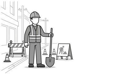 A construction worker standing with a shovel in a safety vest and hard hat. © Dahlia_Elma