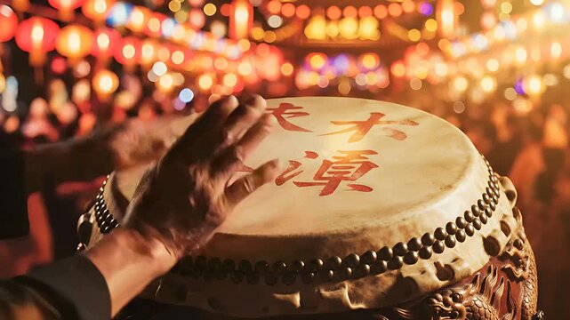Hands playing a traditional Chinese drum during a festival. Performer hitting a drum head with calligraphy against blurred red lanterns. Cultural music concept for Asian heritage celebrations.