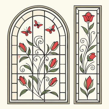 Set of stained-glass cathedral windows with floral ornaments. Abstract mediaeval borders with rose flowers, tulips, butterfly engraving. Geometric illustrations in outline frames. Vector graphic