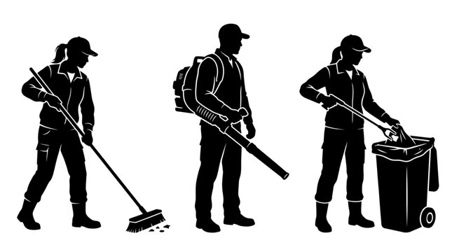 Silhouettes of professional cleaners performing various maintenance and sanitation tasks.