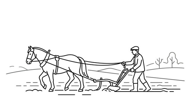 A farmer guiding a horse pulling a plow through a field.