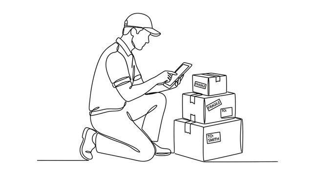 A continuous line drawing of a delivery worker checking packages on a mobile device.