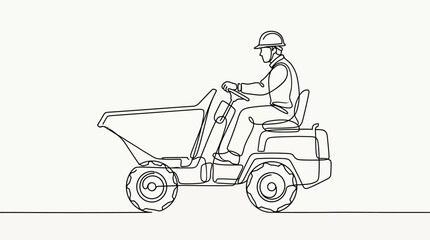Continuous line drawing of a construction worker driving a site dumper truck. © Dahlia_Elma